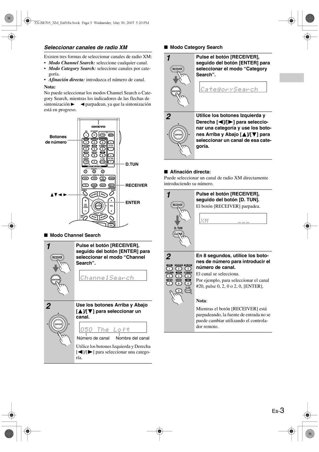 Onkyo CNP-1000 instruction manual Seleccionar canales de radio XM, Es-3 