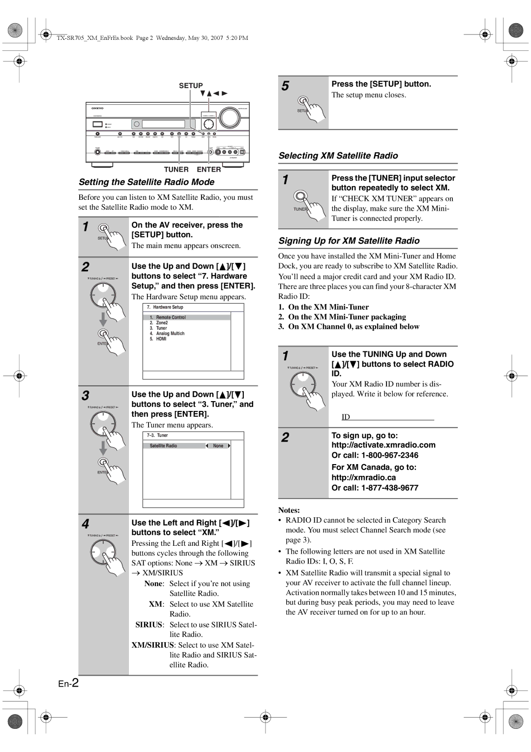 Onkyo CNP-1000 Setting the Satellite Radio Mode, En-2, Selecting XM Satellite Radio, Signing Up for XM Satellite Radio 