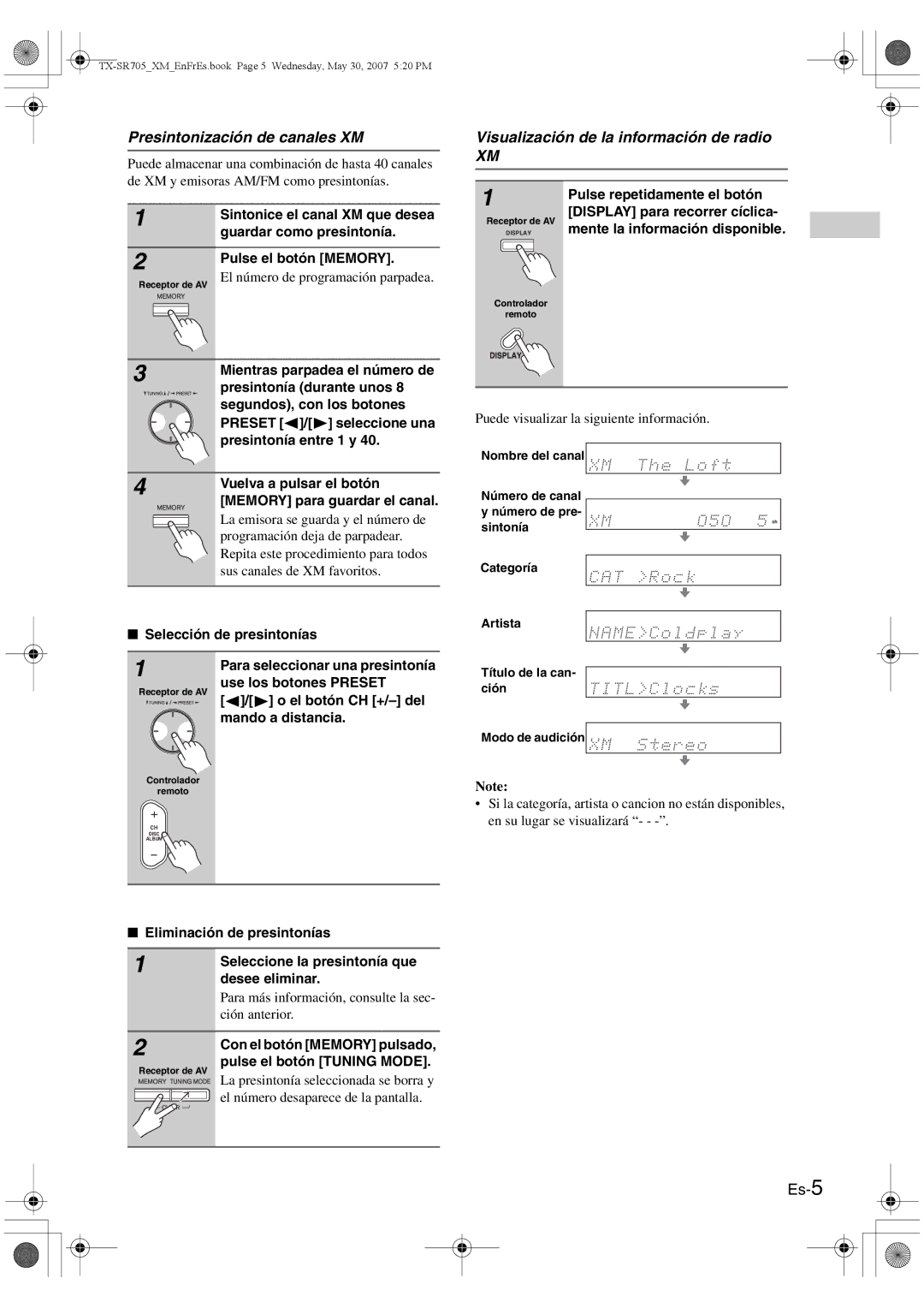 Onkyo CNP-1000 instruction manual Presintonización de canales XM, Visualización de la información de radio, Es-5 