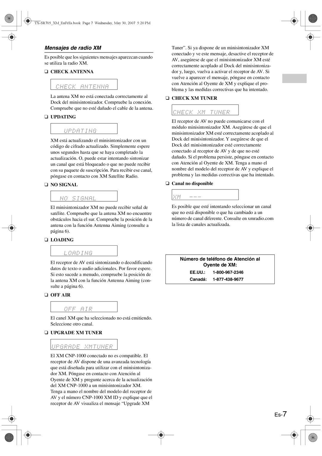 Onkyo CNP-1000 Mensajes de radio XM, Es-7, Canal no disponible, Número de teléfono de Atención al Oyente de XM 