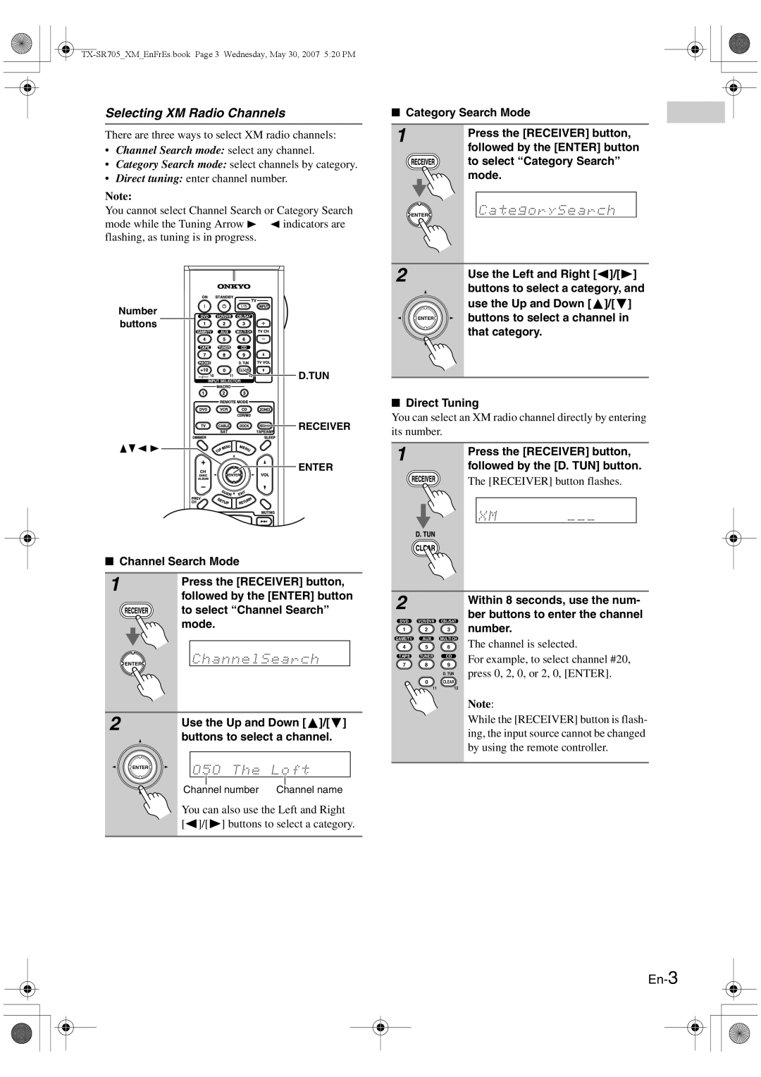 Onkyo CNP-1000 instruction manual Selecting XM Radio Channels, En-3 