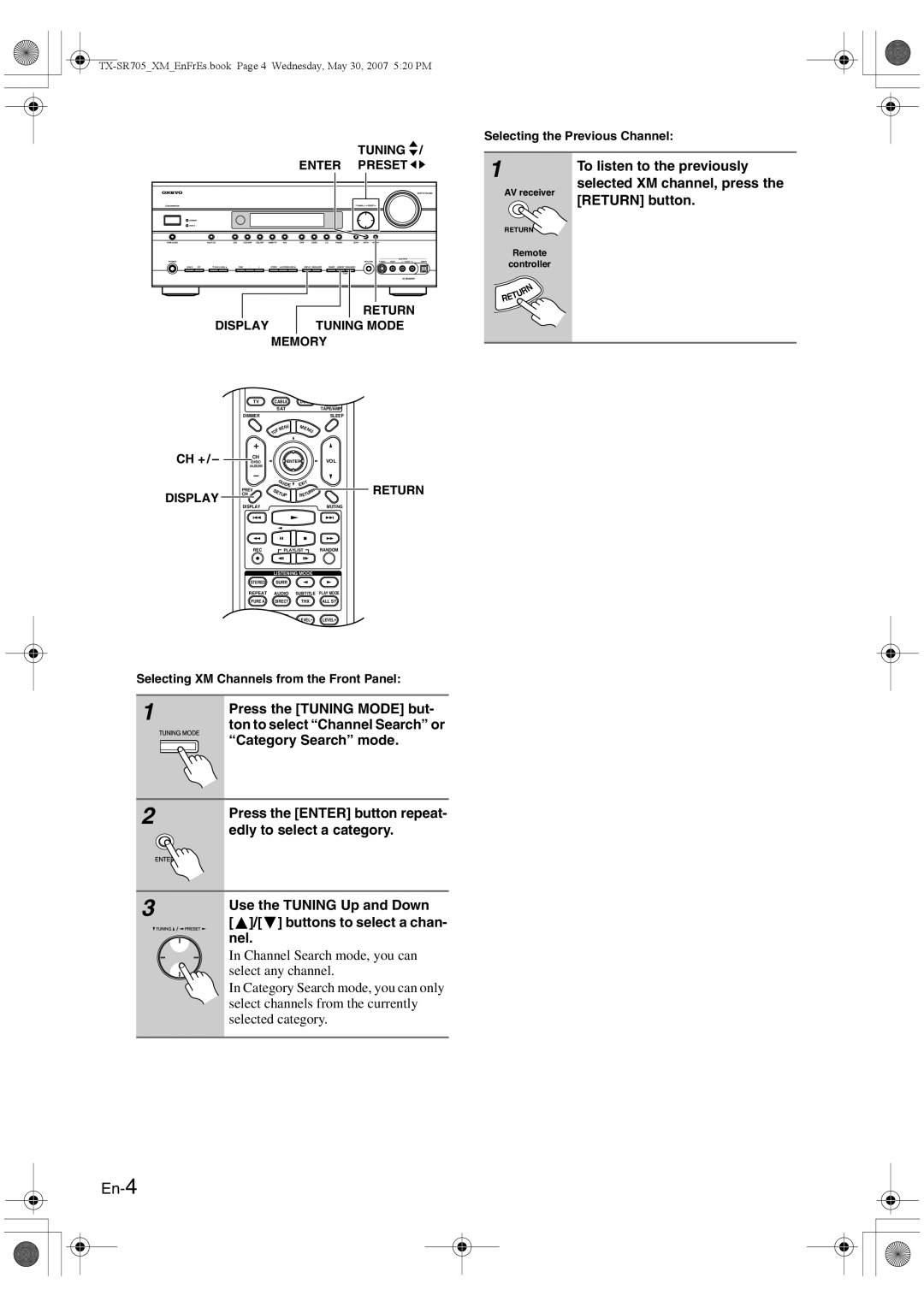 Onkyo CNP-1000 instruction manual En-4, To listen to the previously, Selected XM channel, press, Return button 