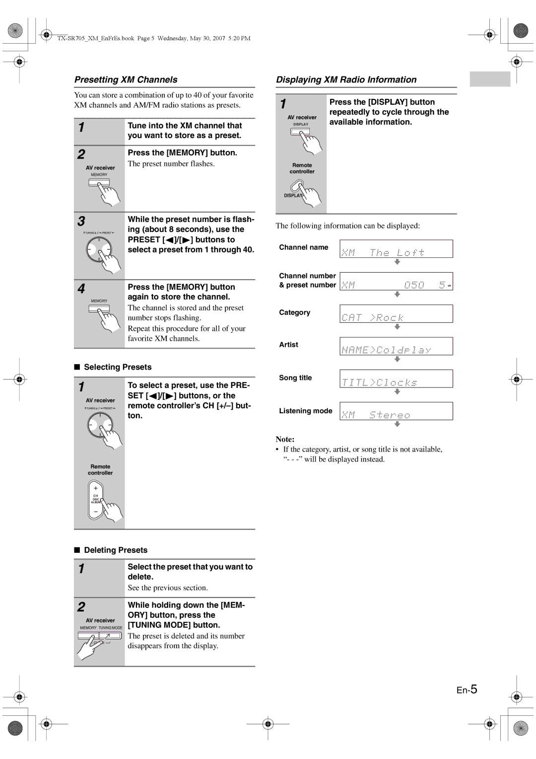 Onkyo CNP-1000 instruction manual Presetting XM Channels, Displaying XM Radio Information, En-5 