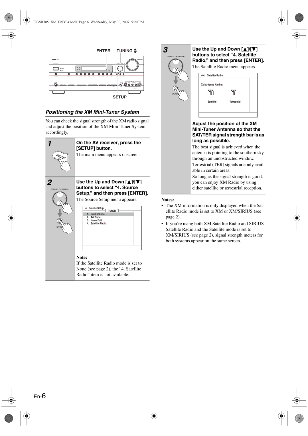 Onkyo CNP-1000 Positioning the XM Mini-Tuner System, En-6, Buttons to select 4. Satellite, Radio, and then press Enter 