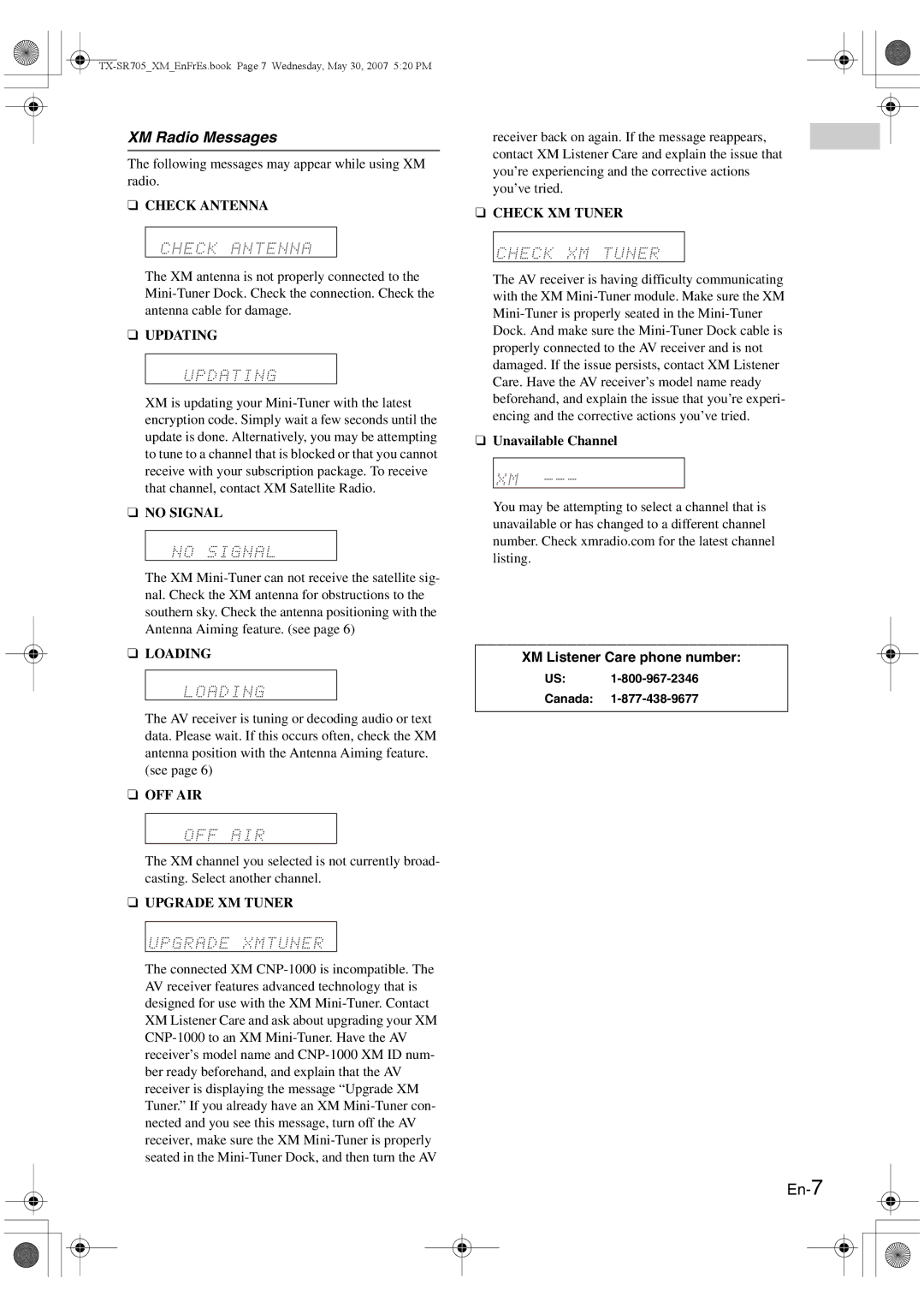Onkyo CNP-1000 instruction manual XM Radio Messages, En-7, Unavailable Channel, XM Listener Care phone number 