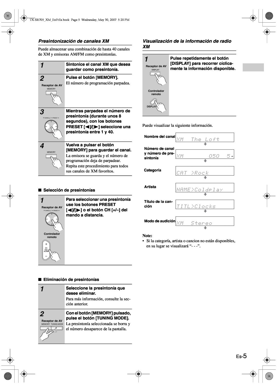 Onkyo CNP-1000 instruction manual Presintonización de canales XM, Visualización de la información de radio XM, Es-5 