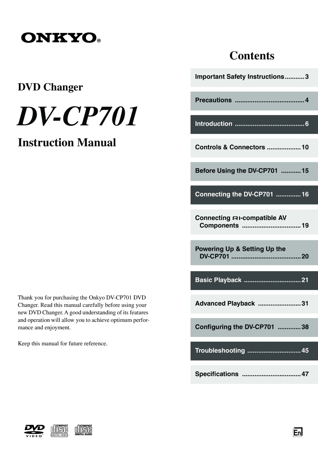 Onkyo instruction manual DV-CP701 