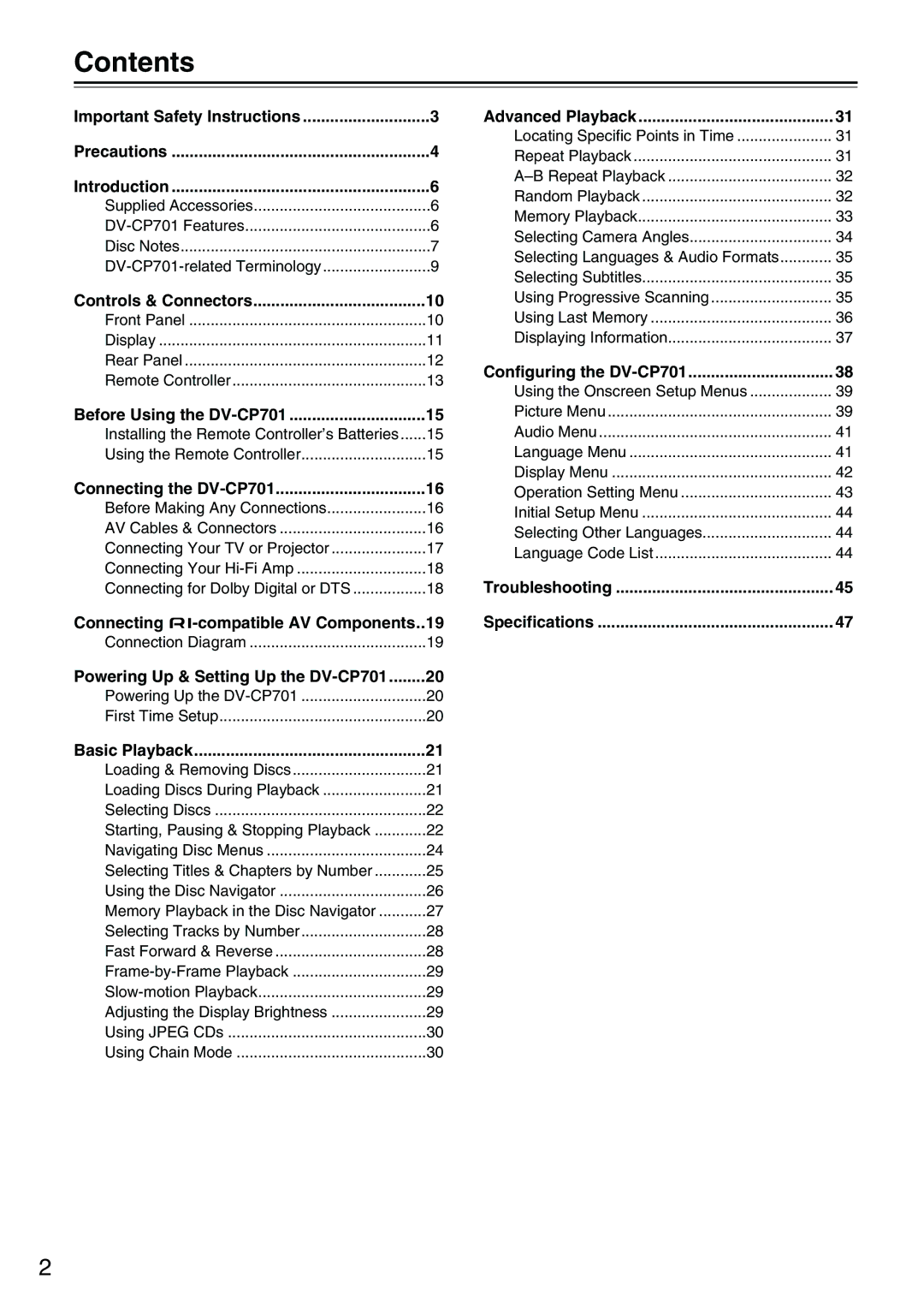 Onkyo CP701 instruction manual Contents 