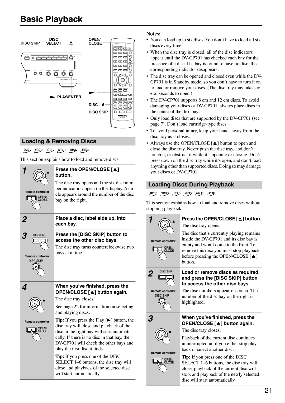 Onkyo CP701 instruction manual Basic Playback, Loading & Removing Discs, Loading Discs During Playback 