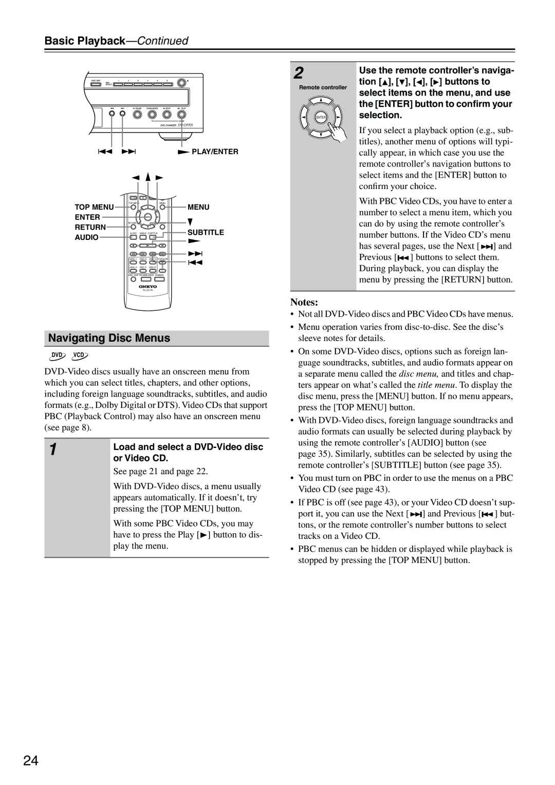 Onkyo CP701 instruction manual Navigating Disc Menus, Load and select a DVD-Video disc, Or Video CD 