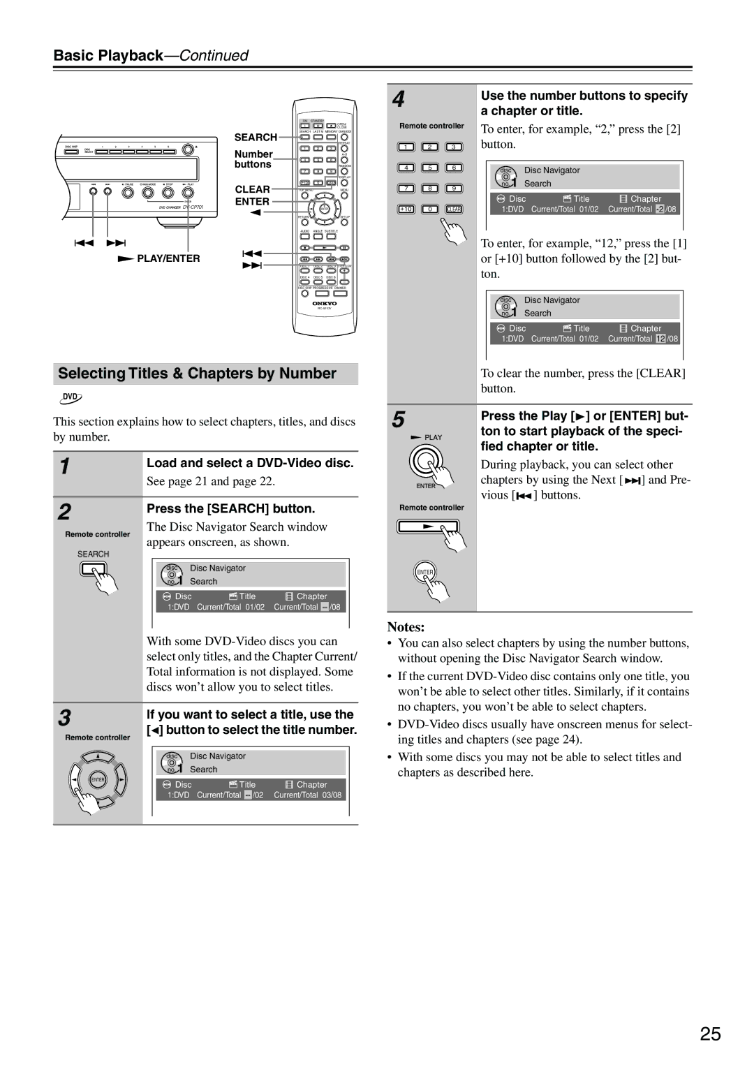 Onkyo CP701 instruction manual Selecting Titles & Chapters by Number, Use the number buttons to specify a chapter or title 