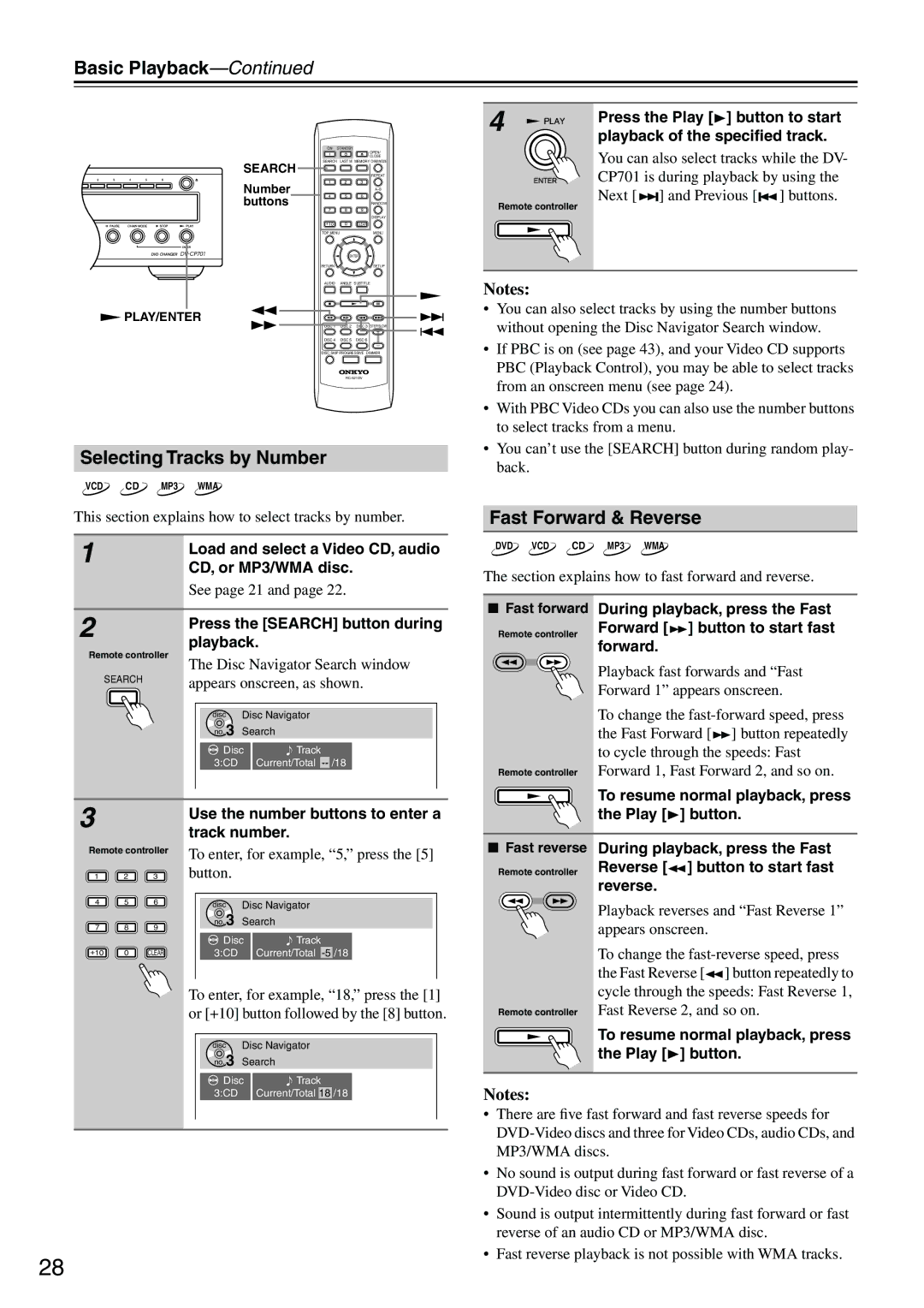 Onkyo CP701 instruction manual Selecting Tracks by Number, Fast Forward & Reverse 