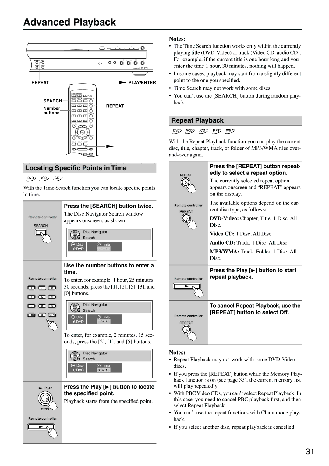 Onkyo CP701 instruction manual Advanced Playback, Locating Speciﬁc Points in Time, Repeat Playback 