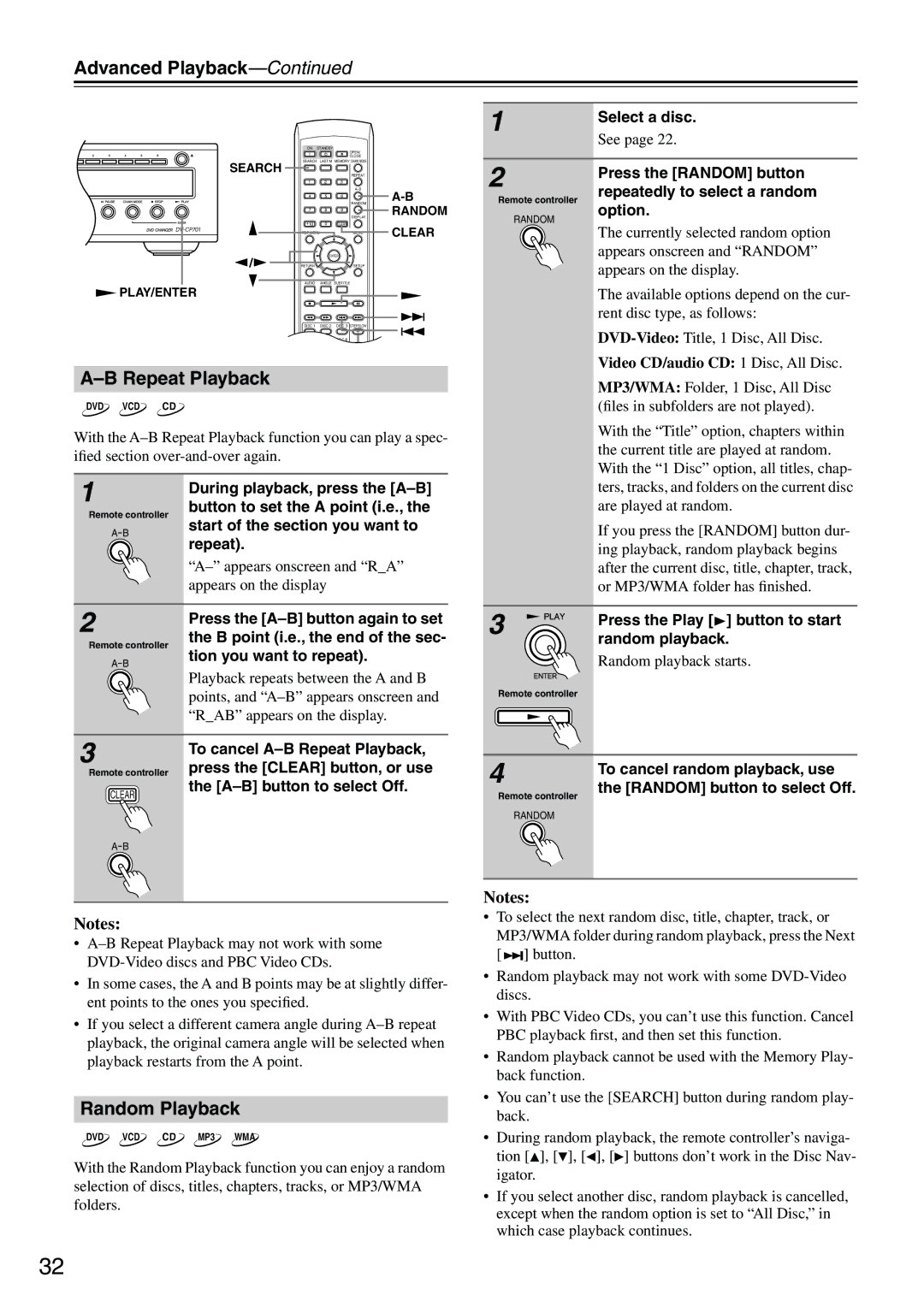 Onkyo CP701 instruction manual Advanced Playback, Random Playback 