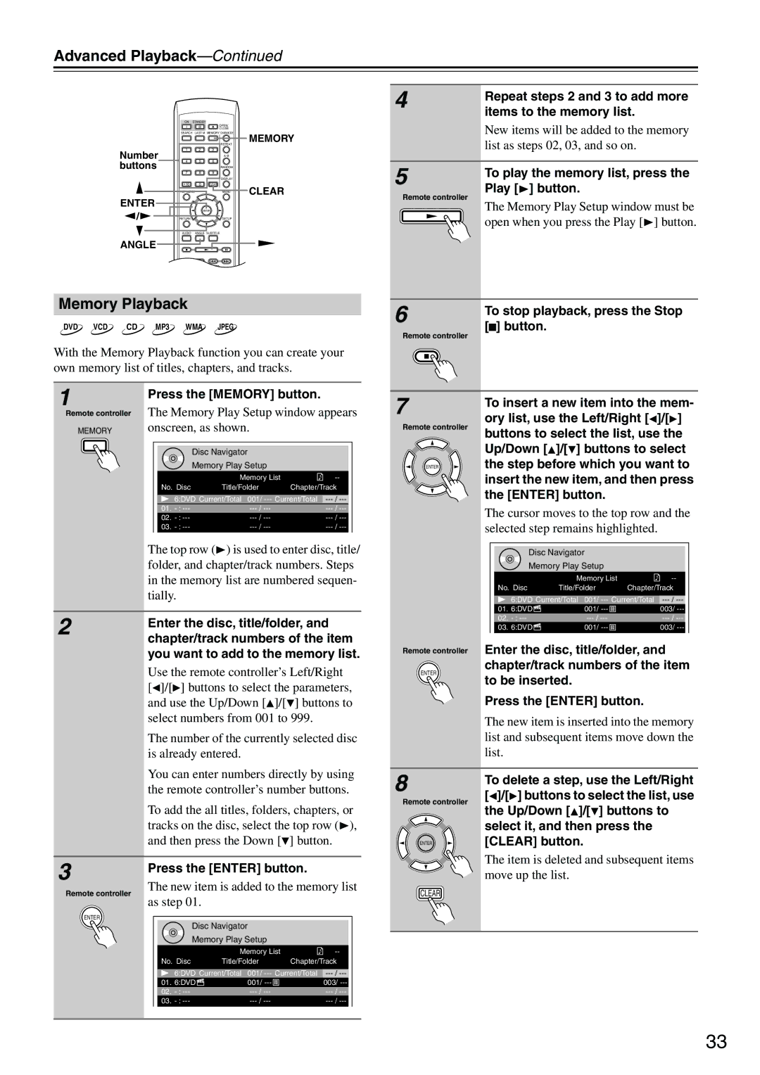 Onkyo CP701 instruction manual Memory Playback 