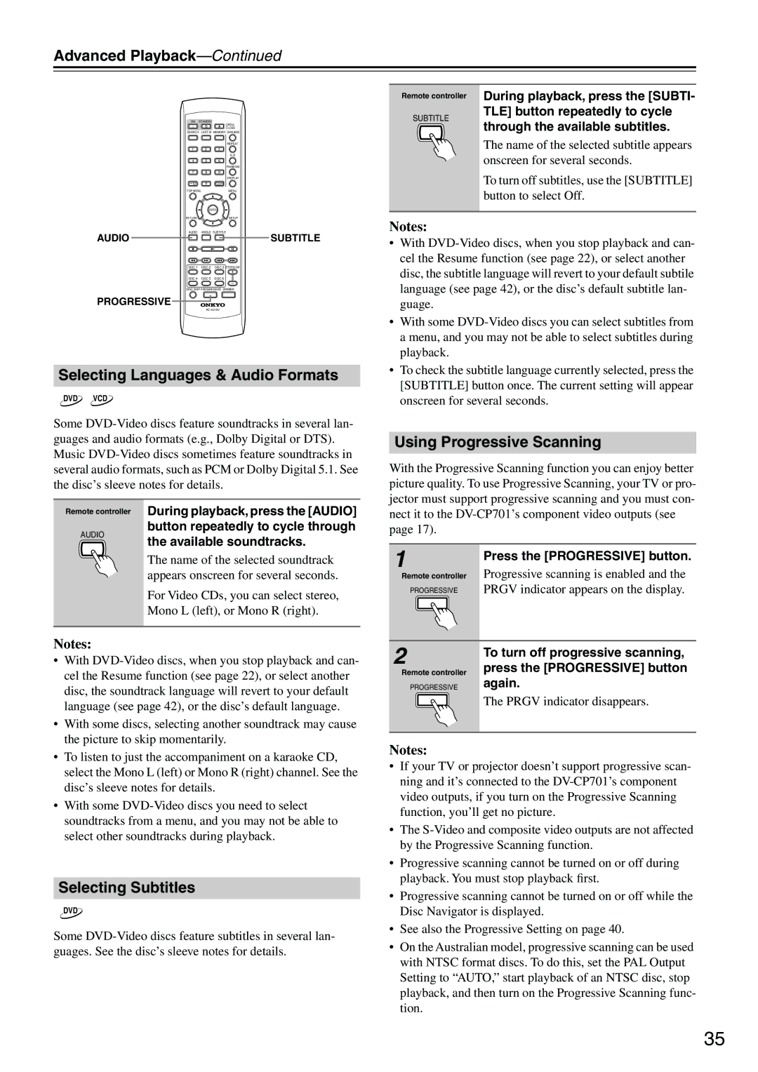 Onkyo CP701 instruction manual Selecting Languages & Audio Formats, Using Progressive Scanning, Selecting Subtitles 