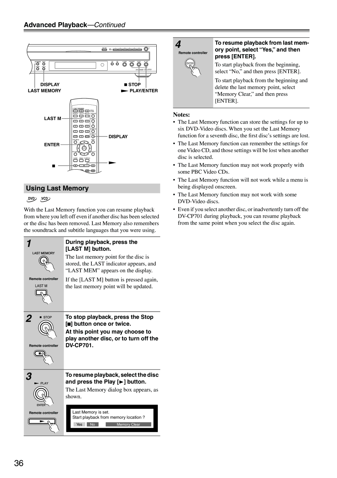 Onkyo CP701 instruction manual Using Last Memory 