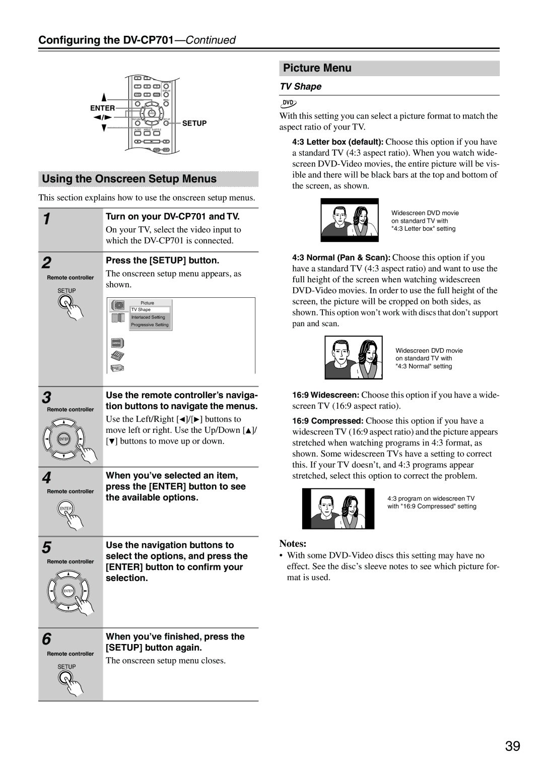 Onkyo CP701 instruction manual Using the Onscreen Setup Menus, Picture Menu, TV Shape 