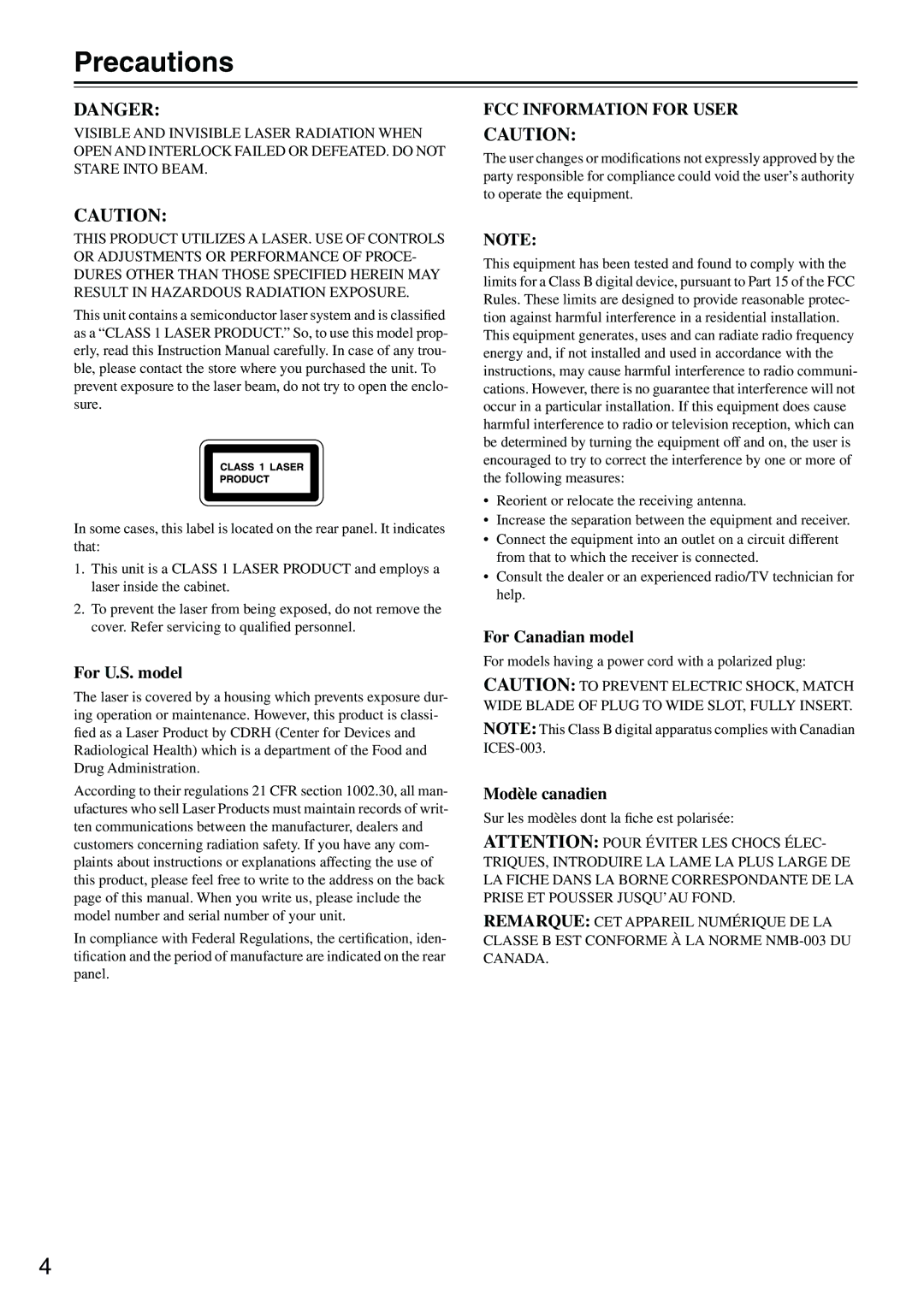 Onkyo CP701 Precautions, For models having a power cord with a polarized plug, Sur les modèles dont la ﬁche est polarisée 