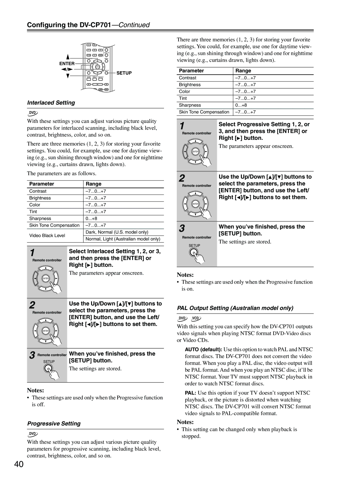 Onkyo CP701 instruction manual Interlaced Setting, Progressive Setting, PAL Output Setting Australian model only 