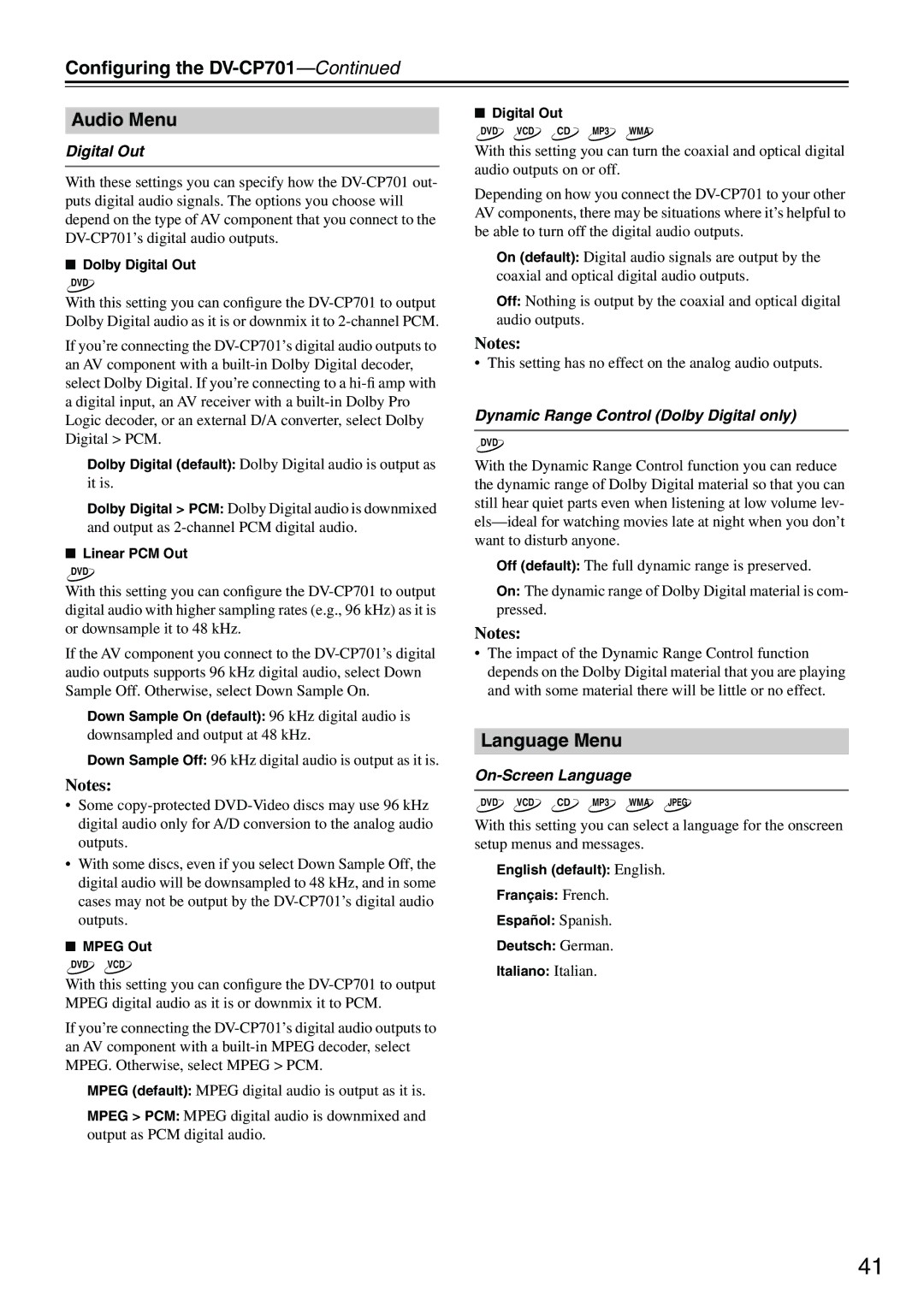 Onkyo Conﬁguring the DV-CP701 Audio Menu, Language Menu, Digital Out, Dynamic Range Control Dolby Digital only 