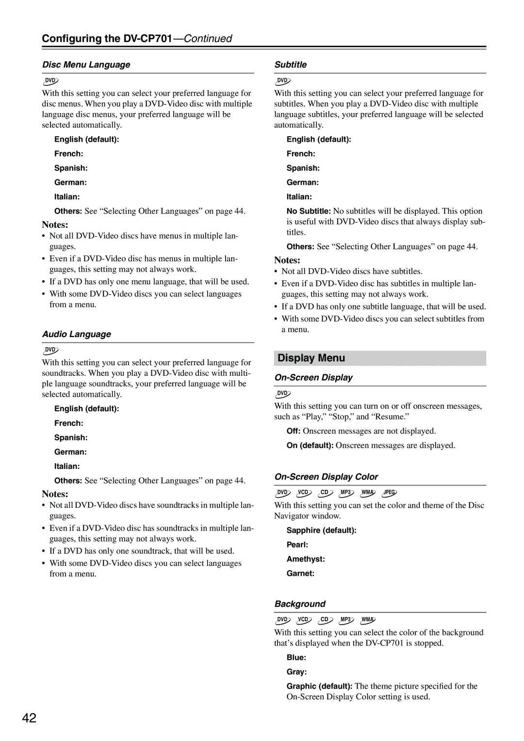 Onkyo CP701 instruction manual Display Menu 