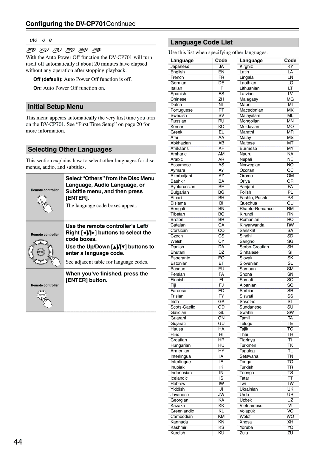 Onkyo CP701 instruction manual Language Code List, Initial Setup Menu, Selecting Other Languages, Auto Power Off 