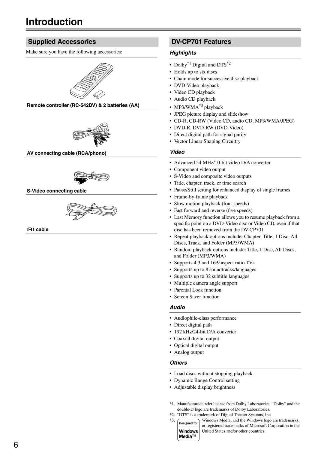 Onkyo instruction manual Introduction, Supplied Accessories, DV-CP701 Features 