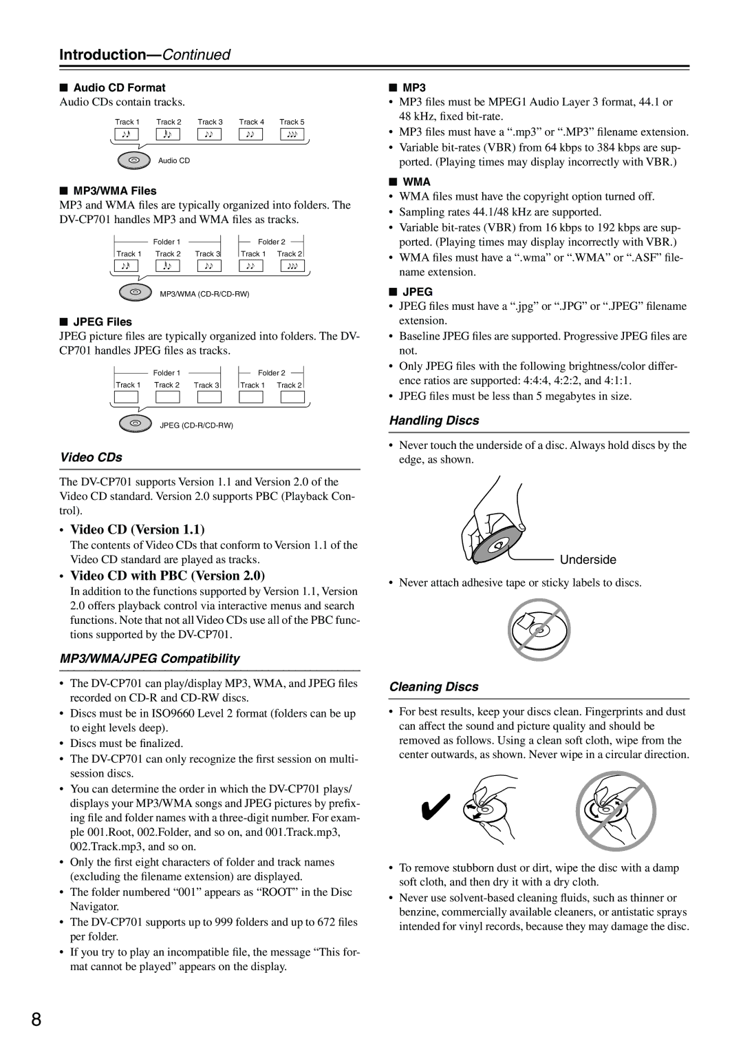 Onkyo CP701 instruction manual Introduction, Video CDs, MP3/WMA/JPEG Compatibility, Handling Discs, Cleaning Discs 