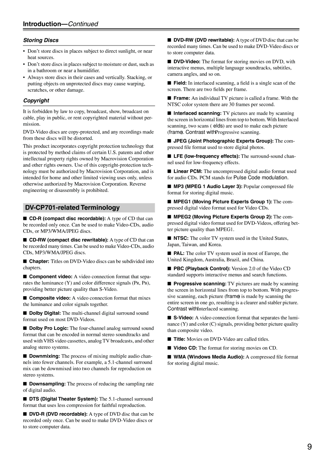 Onkyo instruction manual DV-CP701-related Terminology, Storing Discs, Copyright 