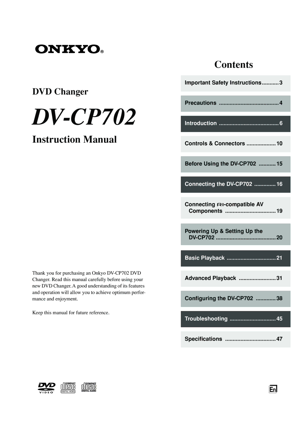 Onkyo instruction manual DV-CP702 