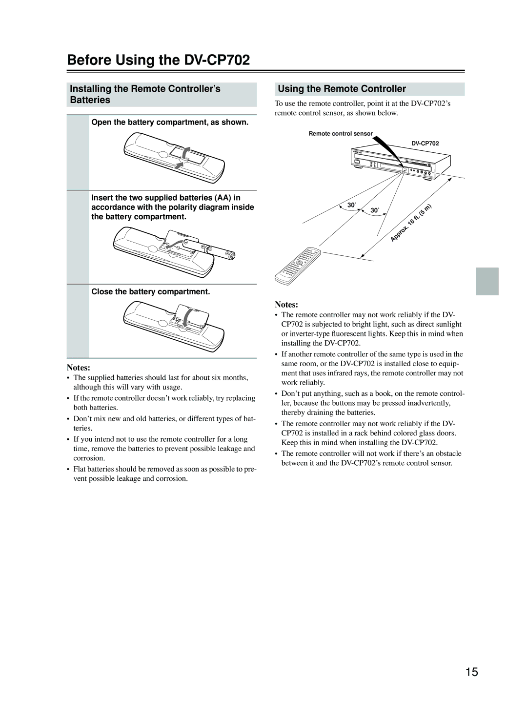 Onkyo Before Using the DV-CP702, Open the battery compartment, as shown, Insert the two supplied batteries AA 