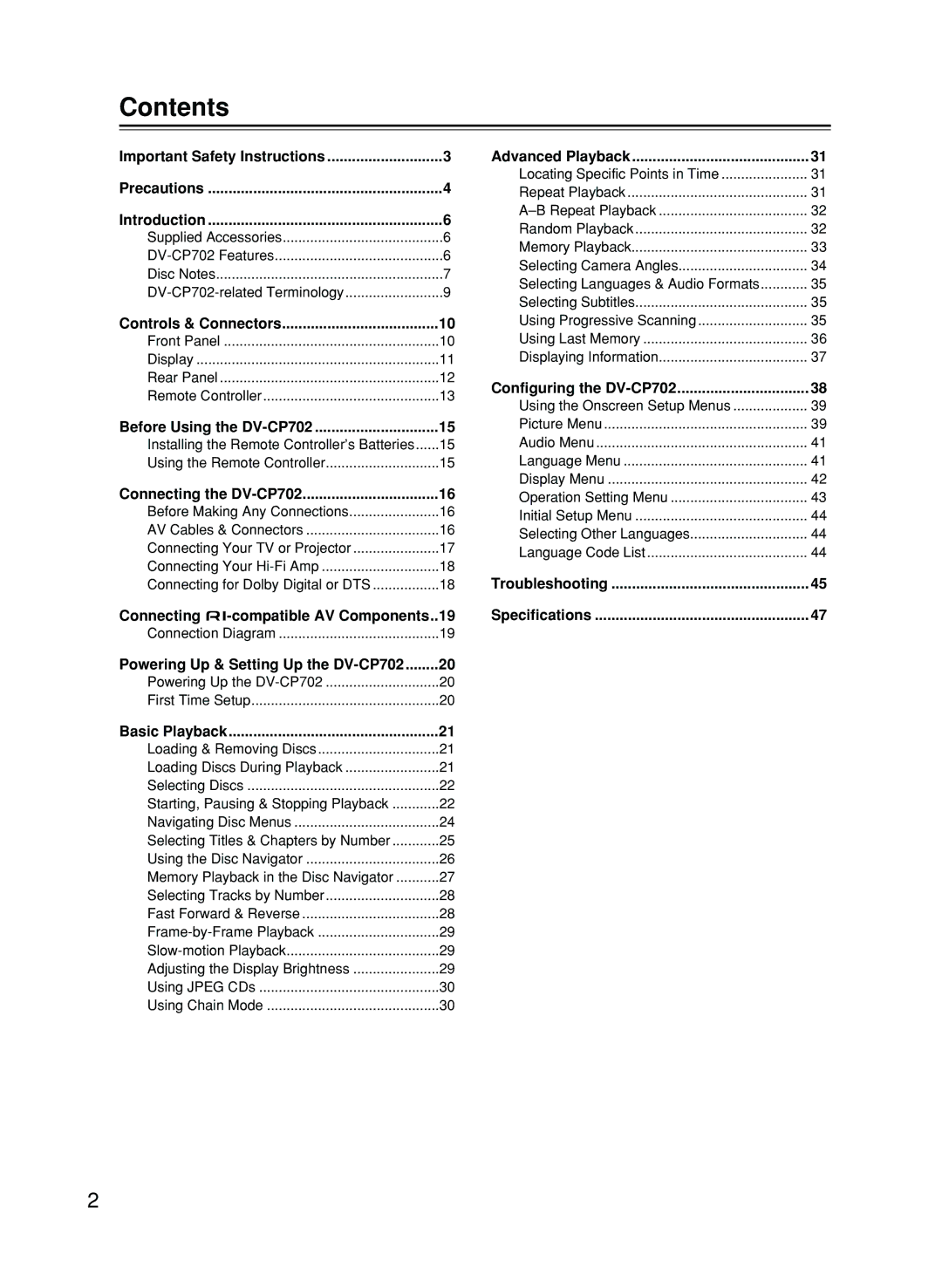 Onkyo CP702 instruction manual Contents 