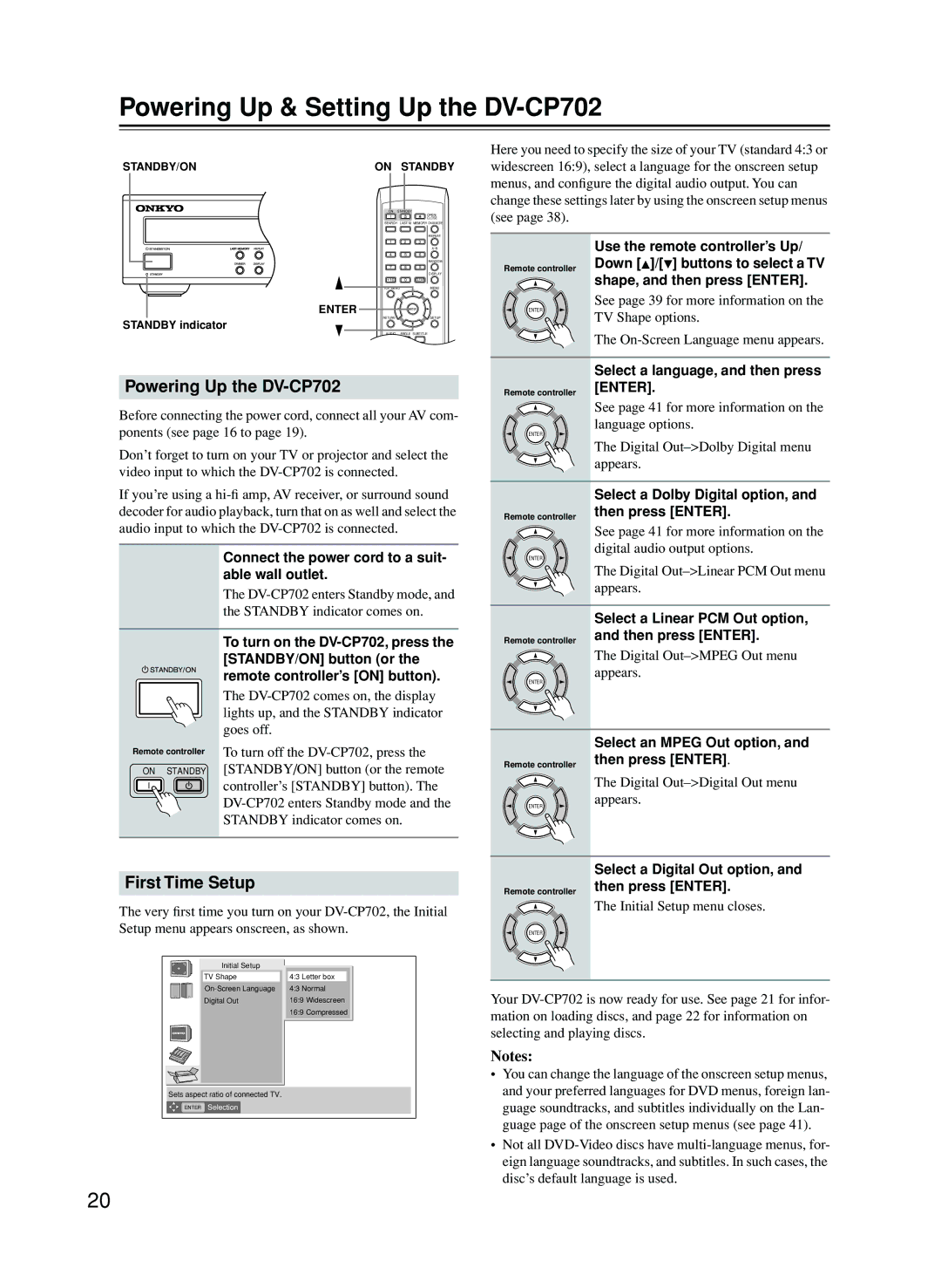 Onkyo instruction manual Powering Up & Setting Up the DV-CP702, Powering Up the DV-CP702, First Time Setup 