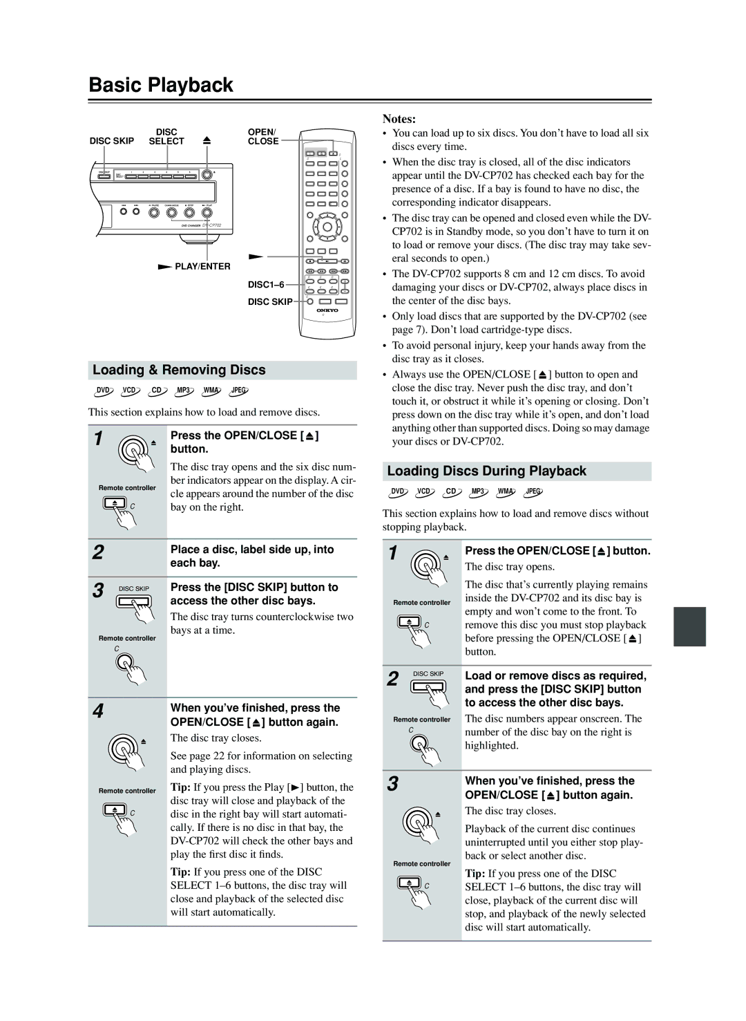 Onkyo CP702 instruction manual Basic Playback, Loading & Removing Discs, Loading Discs During Playback 