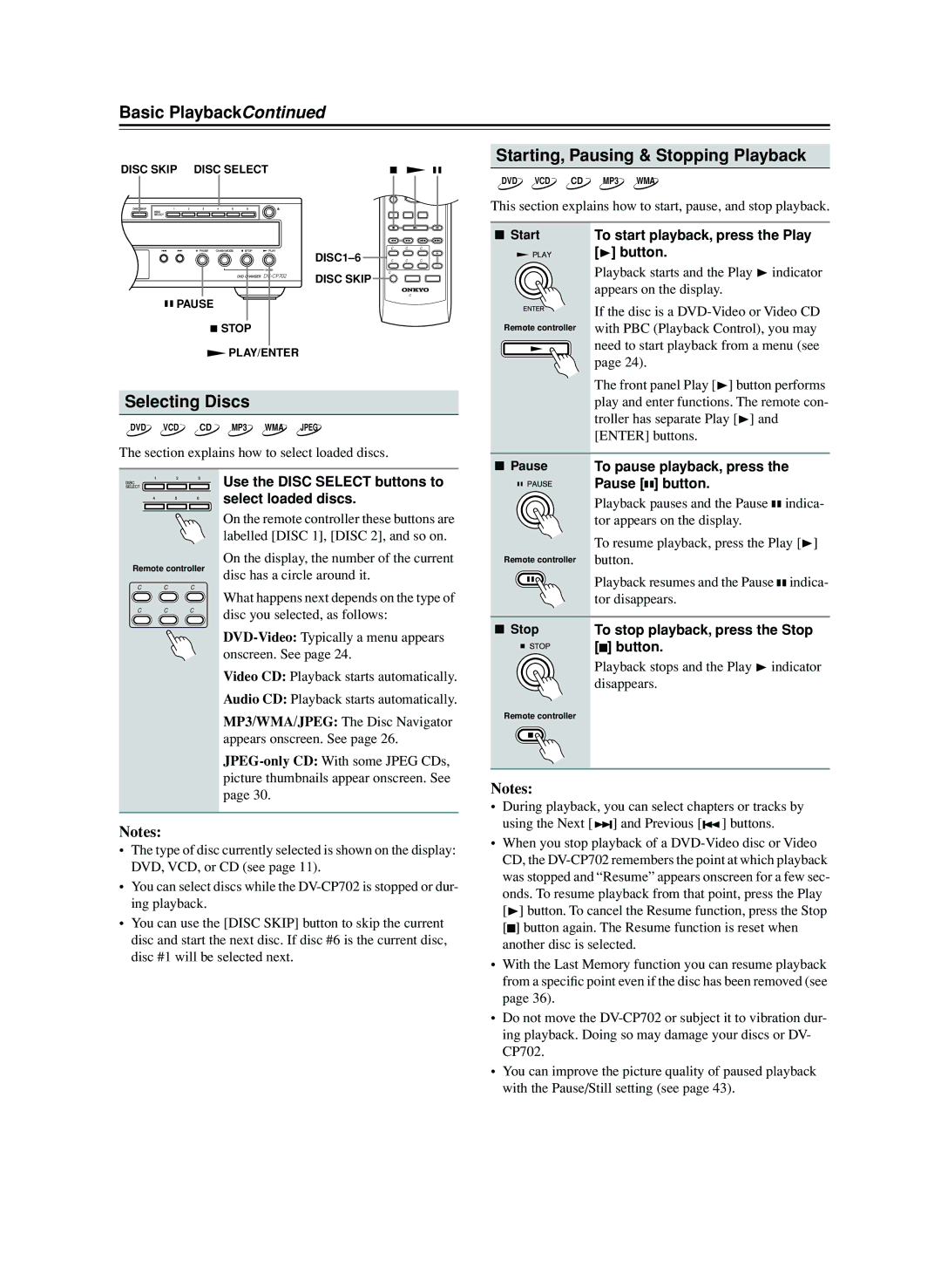 Onkyo CP702 instruction manual Basic Playback, Selecting Discs, Starting, Pausing & Stopping Playback 