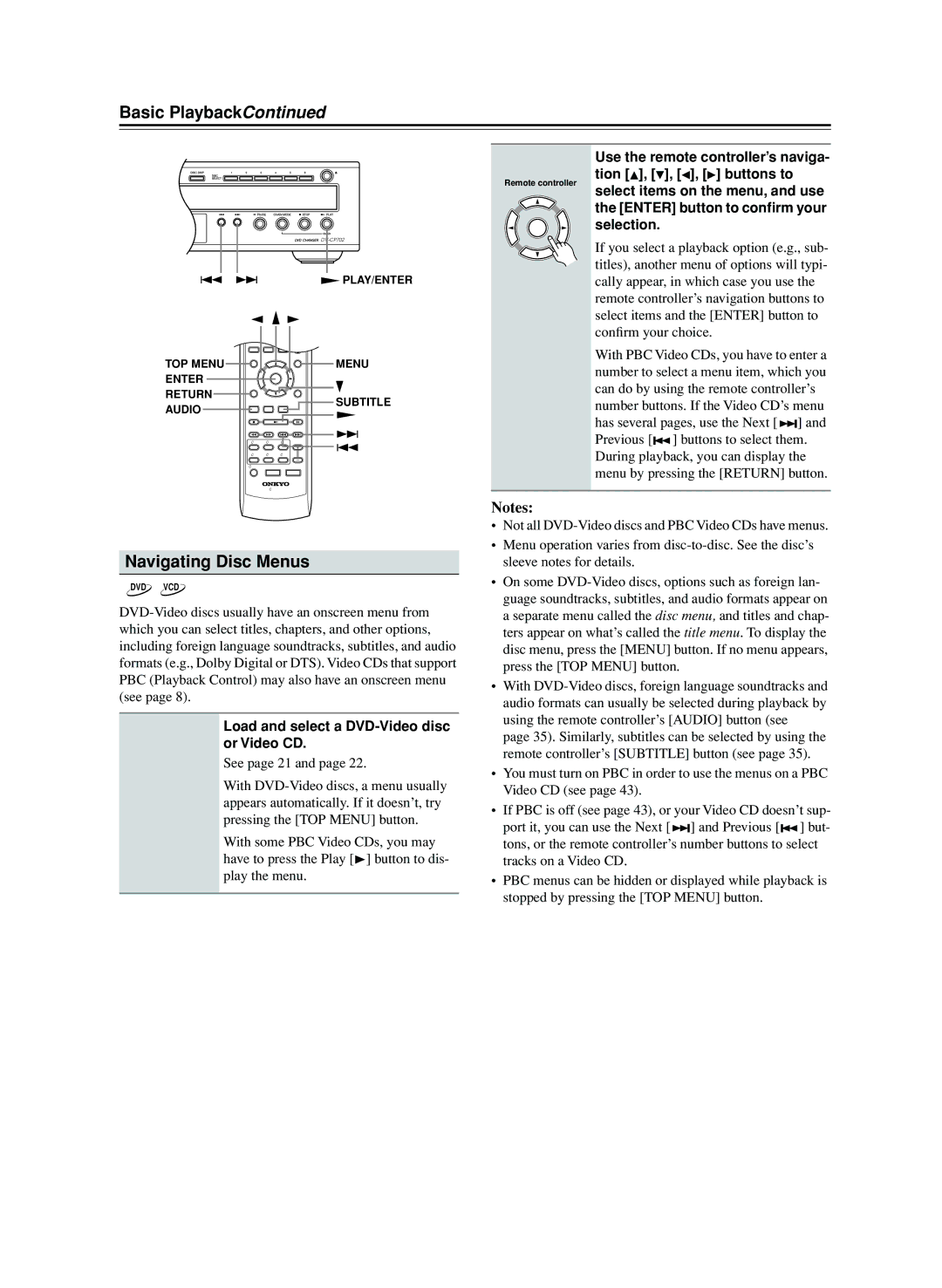 Onkyo CP702 instruction manual Navigating Disc Menus, Load and select a DVD-Video disc, Or Video CD 