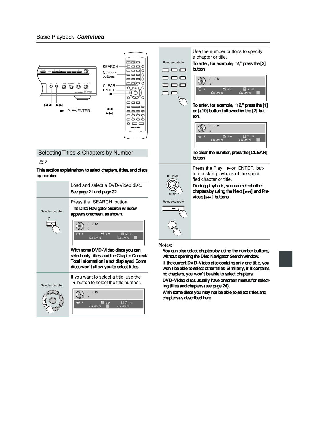 Onkyo CP702 instruction manual Selecting Titles & Chapters by Number, Use the number buttons to specify a chapter or title 