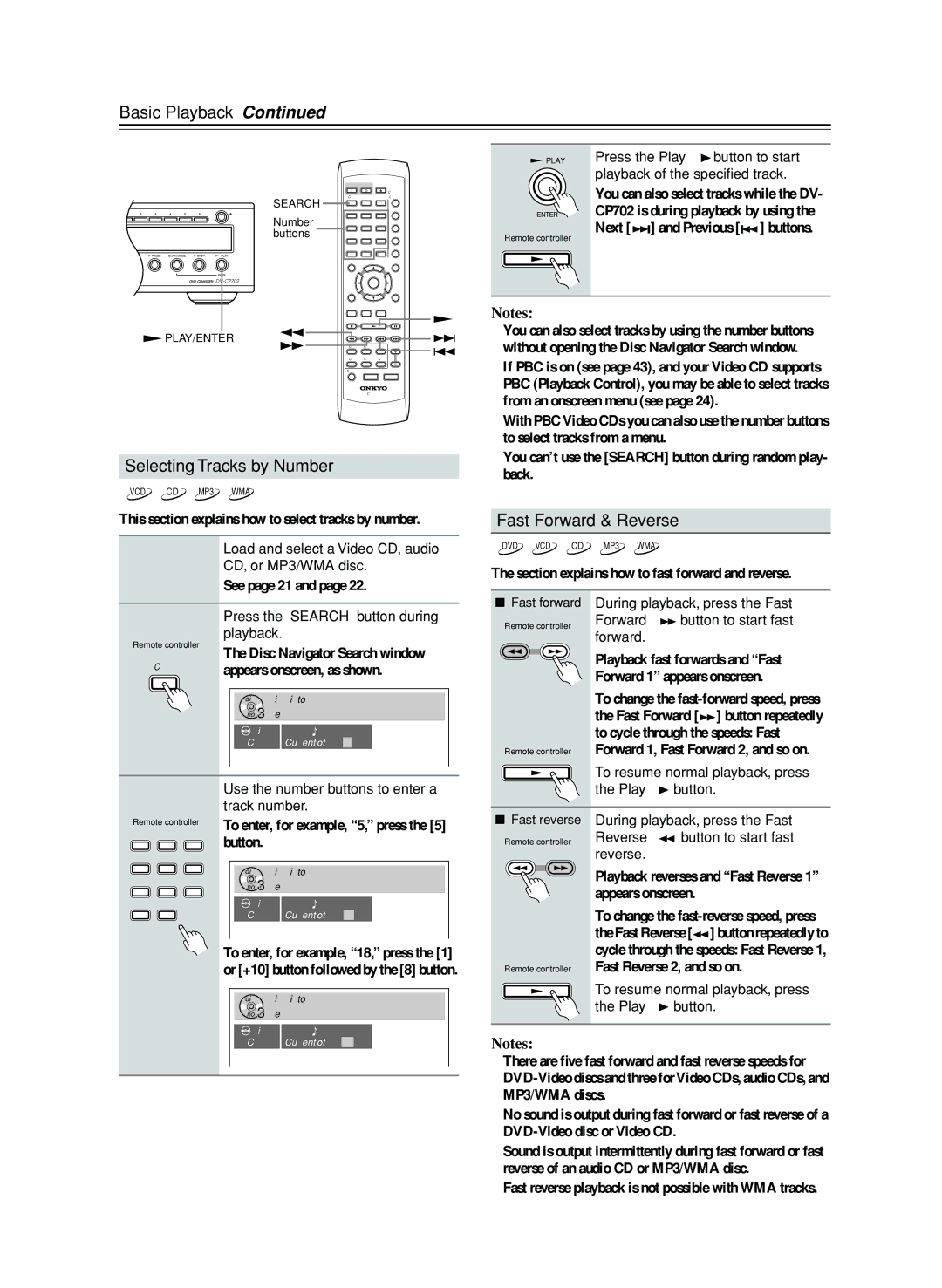 Onkyo CP702 instruction manual Selecting Tracks by Number, Fast Forward & Reverse 