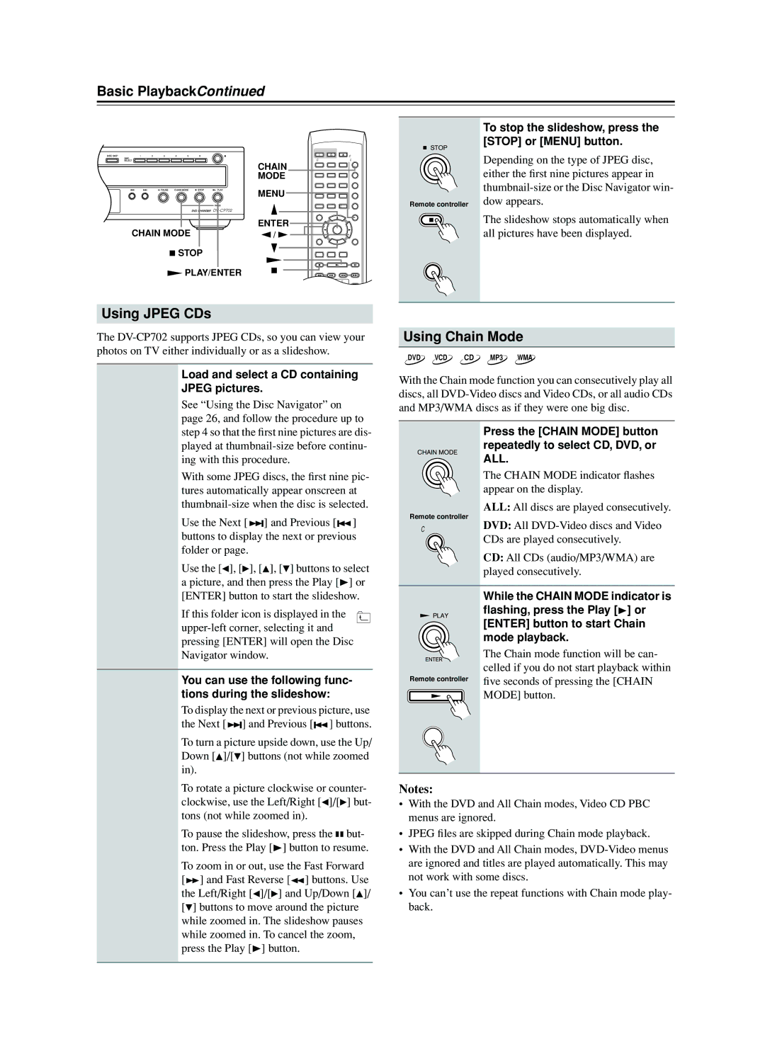 Onkyo CP702 instruction manual Using Jpeg CDs, Using Chain Mode 