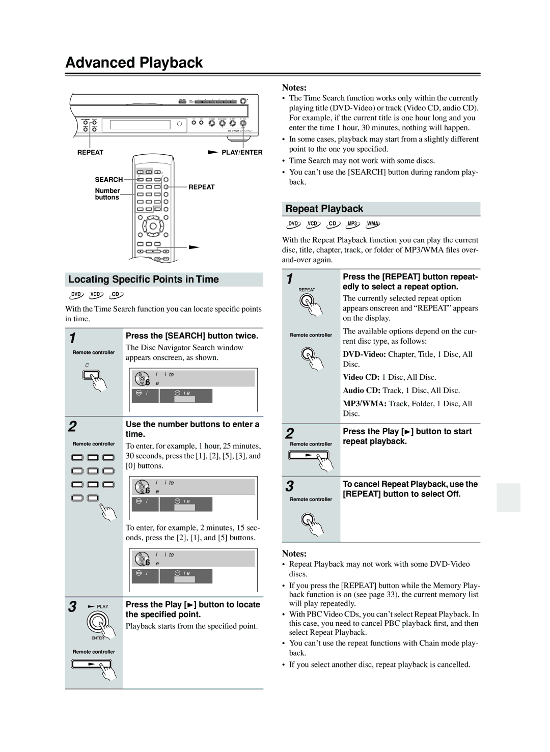 Onkyo CP702 instruction manual Advanced Playback, Locating Speciﬁc Points in Time, Repeat Playback 