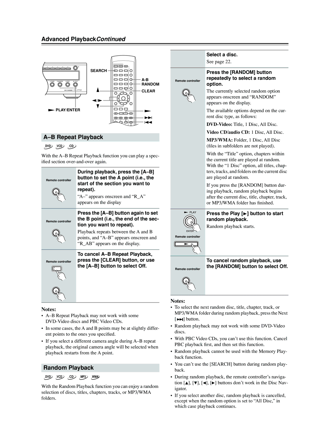 Onkyo CP702 instruction manual Advanced Playback, Random Playback 