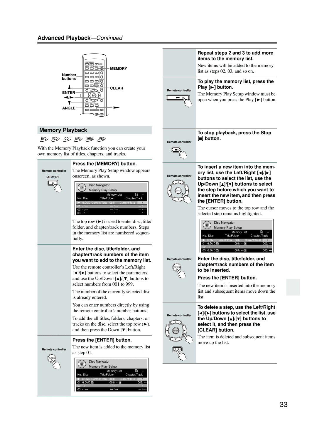 Onkyo CP702 instruction manual Memory Playback 