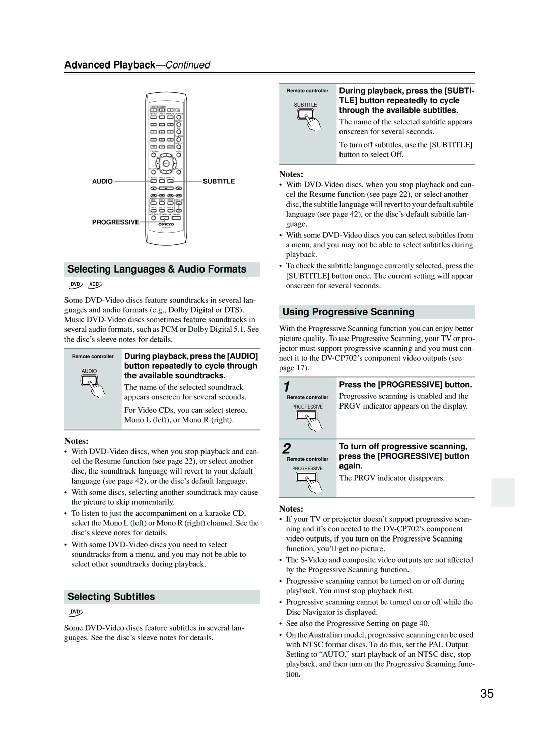 Onkyo CP702 instruction manual Selecting Languages & Audio Formats, Using Progressive Scanning, Selecting Subtitles 