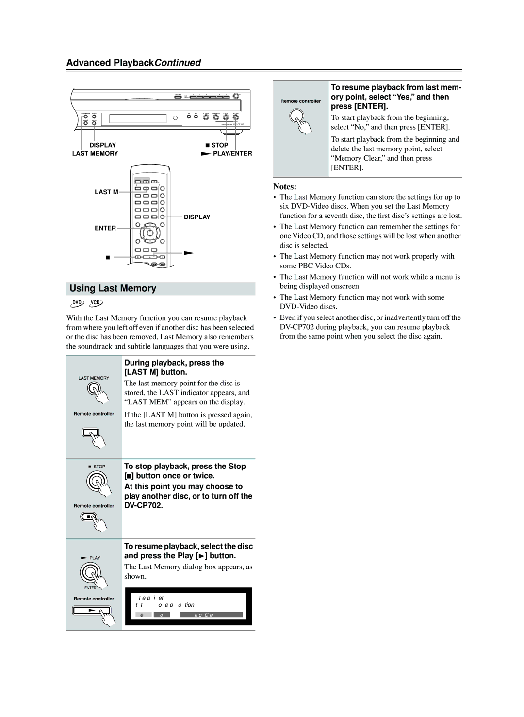 Onkyo CP702 instruction manual Using Last Memory 