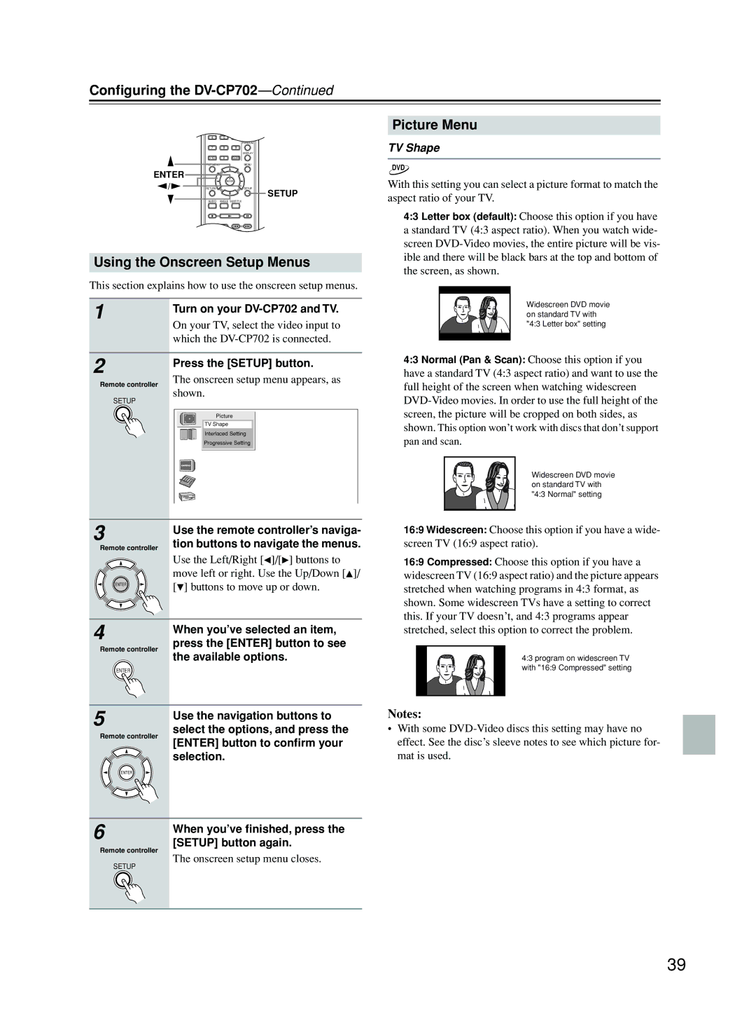 Onkyo CP702 instruction manual Using the Onscreen Setup Menus, Picture Menu, TV Shape 