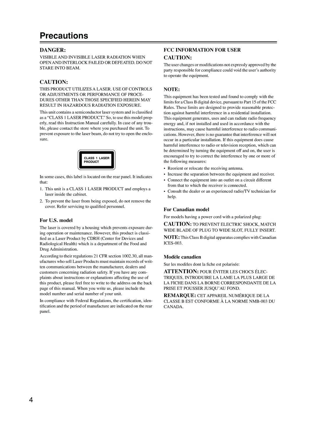 Onkyo CP702 Precautions, For models having a power cord with a polarized plug, Sur les modèles dont la ﬁche est polarisée 