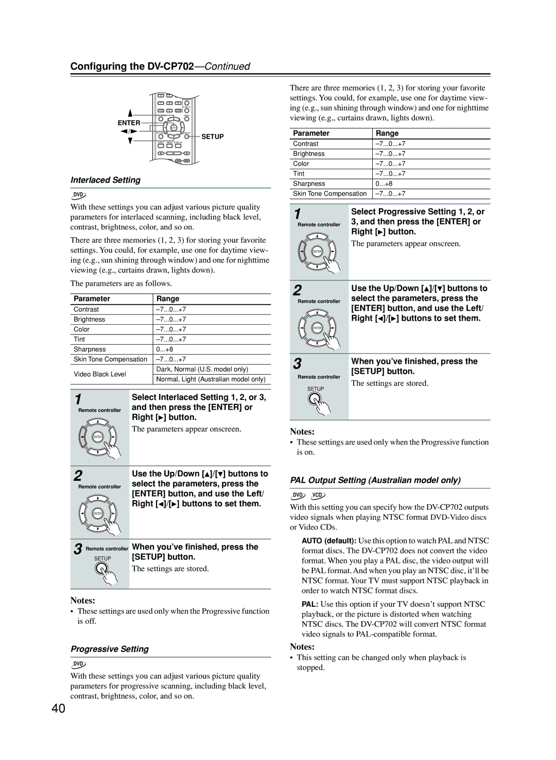 Onkyo CP702 instruction manual Interlaced Setting, Progressive Setting, PAL Output Setting Australian model only 