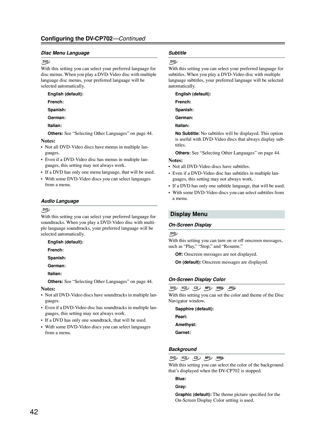 Onkyo CP702 instruction manual Display Menu 