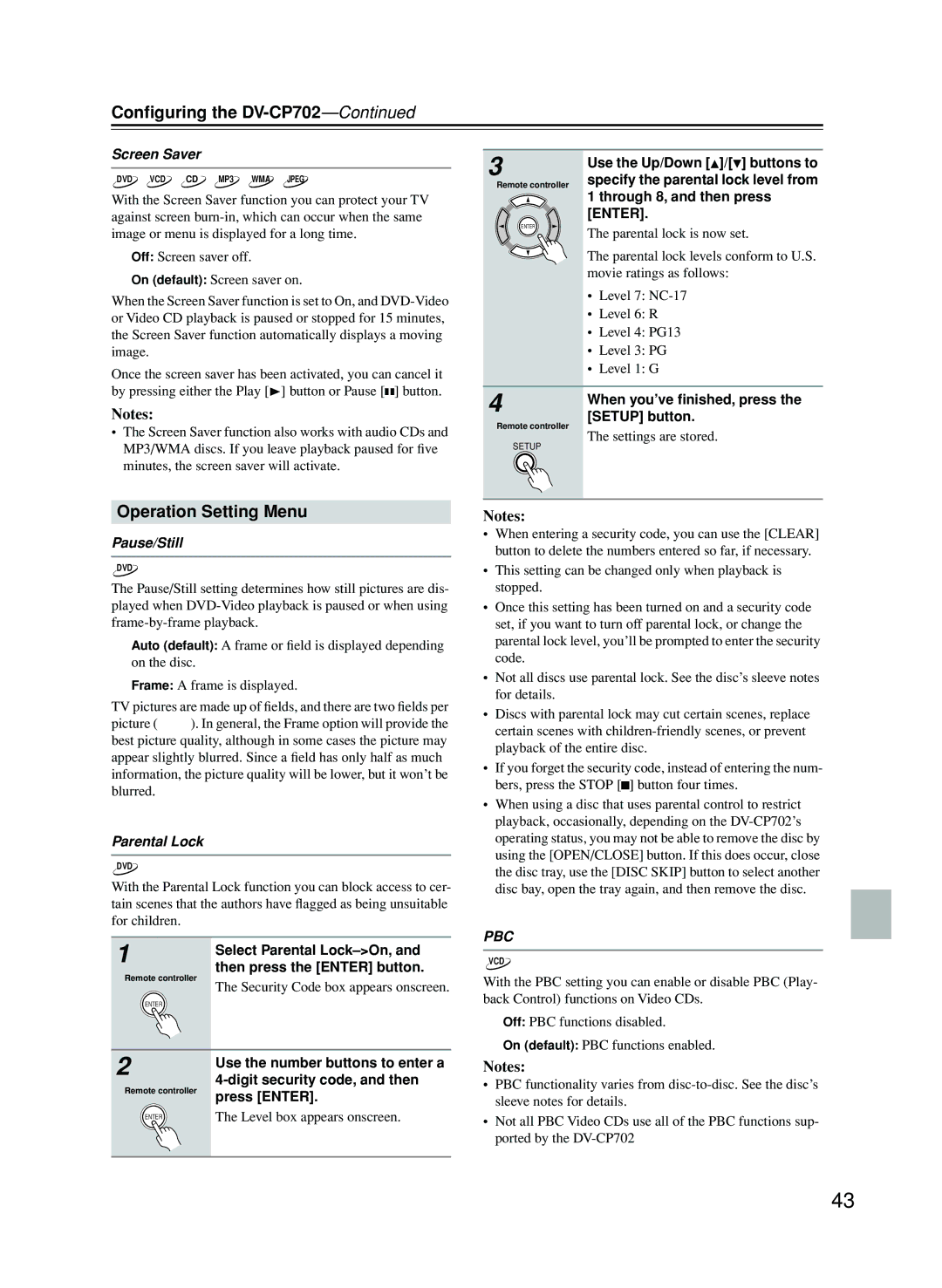 Onkyo CP702 instruction manual Operation Setting Menu, Screen Saver, Pause/Still, Parental Lock 